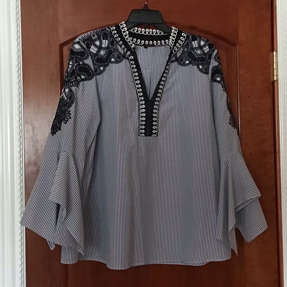 Kobi Halperin Black and White Striped Blouse with Lace Accents